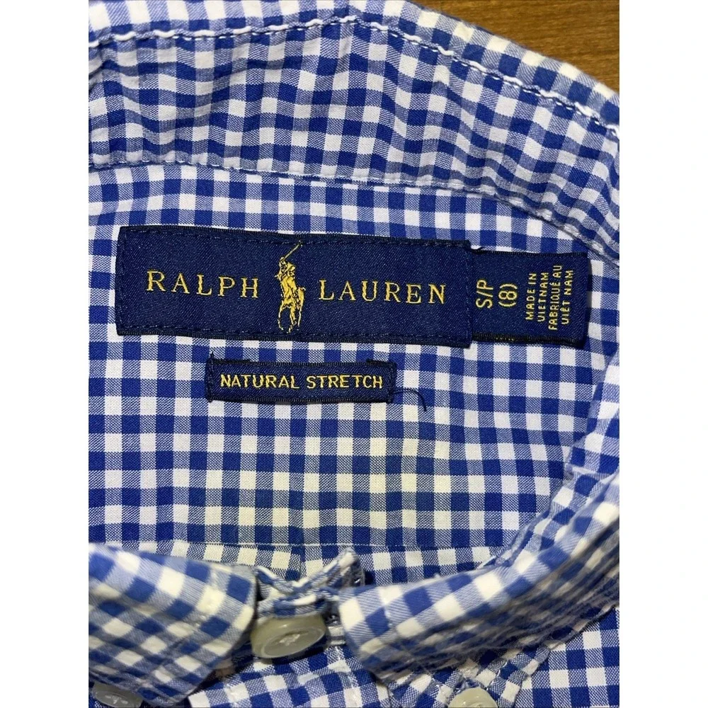 Ralph Lauren Natural‎ Stretch Shirt Boys S/P 8 Blue Gingham Check Button Down